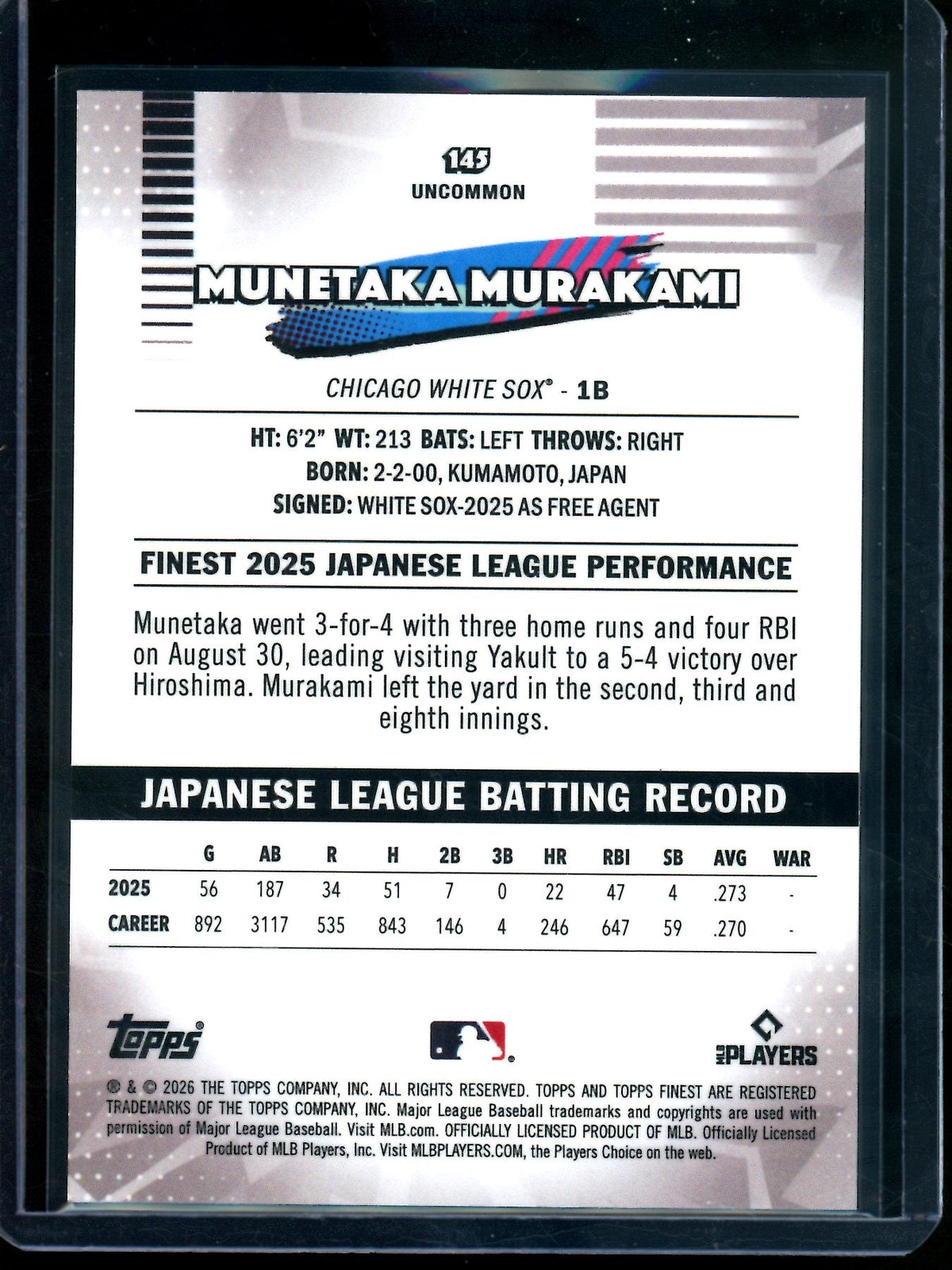 2026 Topps Finest Munetaka Murakami Rookie Gold Refractor /50 White Sox — image 2